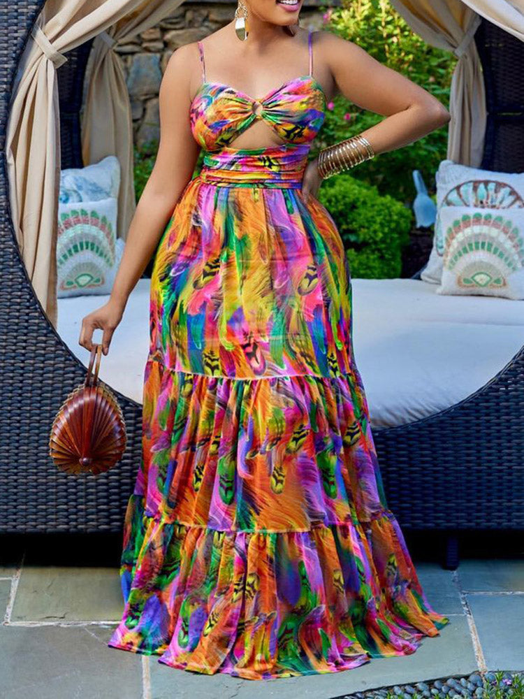 Back view of a woman in a vibrant, flowing maxi dress