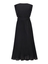 V-neck pleated maxi dress with ruffled trim and belted waist - View 25 | Lwiis