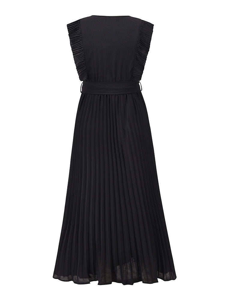 V-neck pleated maxi dress with ruffled trim and belted waist - View 25 | Lwiis
