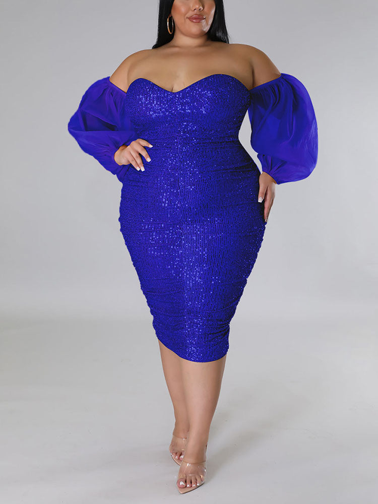 Sequin Midi Dress with Puff Sleeves - View 26 | Lwiis