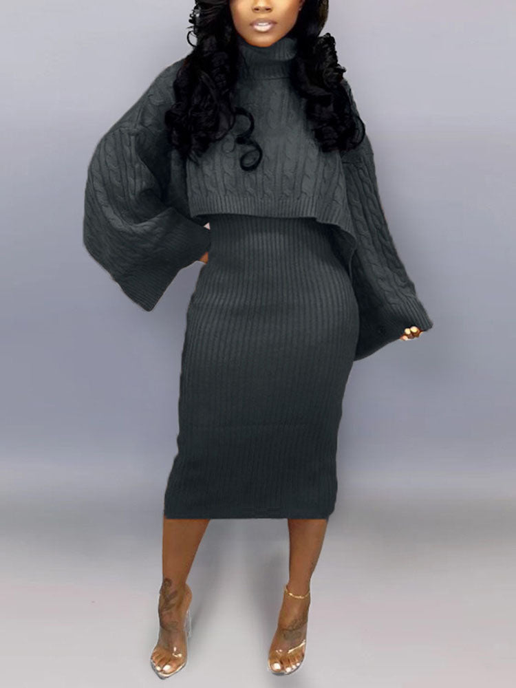 Knitted turtleneck sweater and midi dress set - View 28 | Lwiis