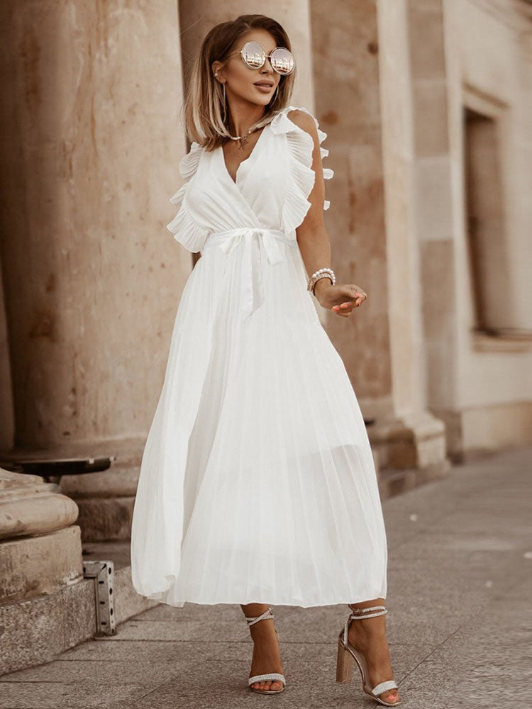 V-neck pleated maxi dress with ruffled trim and belted waist - View 27 | Lwiis