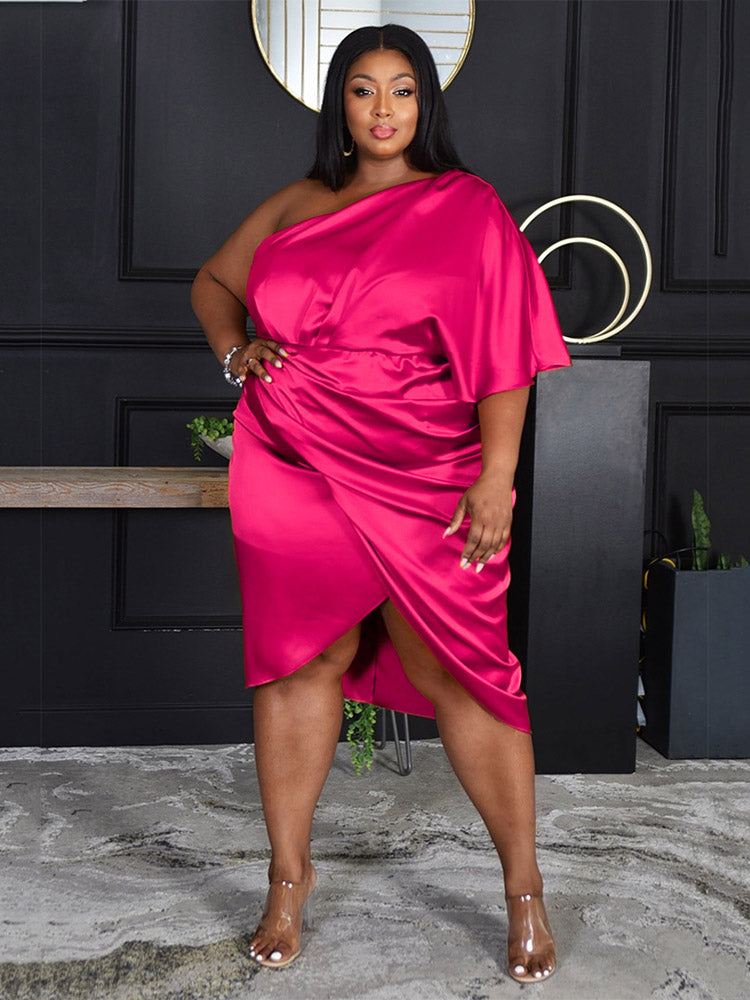 Satin one shoulder ruched midi dress - View 13 | Lwiis