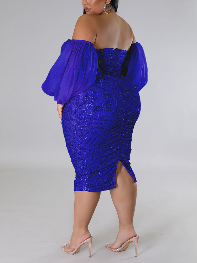 Sequin Midi Dress with Puff Sleeves - View 25 | Lwiis