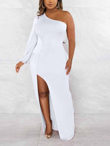 One Shoulder Maxi Dress with Slit - View 16 | Lwiis