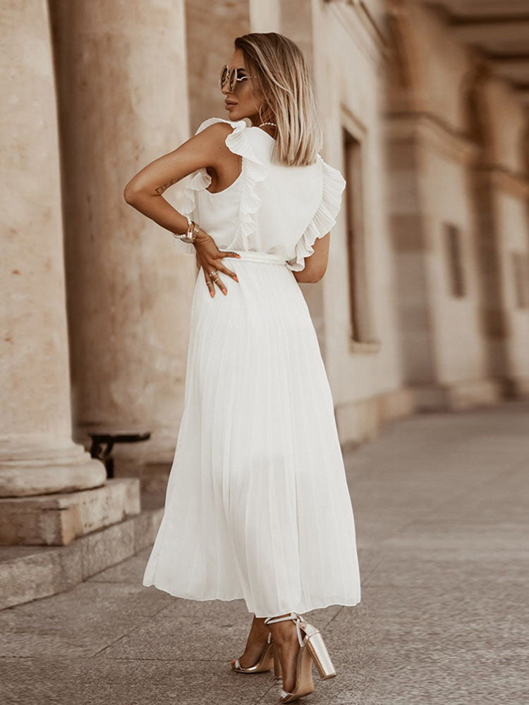 V-neck pleated maxi dress with ruffled trim and belted waist - View 28 | Lwiis