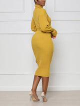 Turtleneck knit midi dress with belt - View 8 | Lwiis