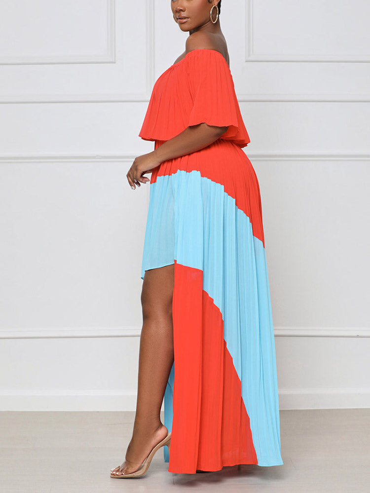 Side view of a woman wearing an off-the-shoulder, colorblock maxi dress.