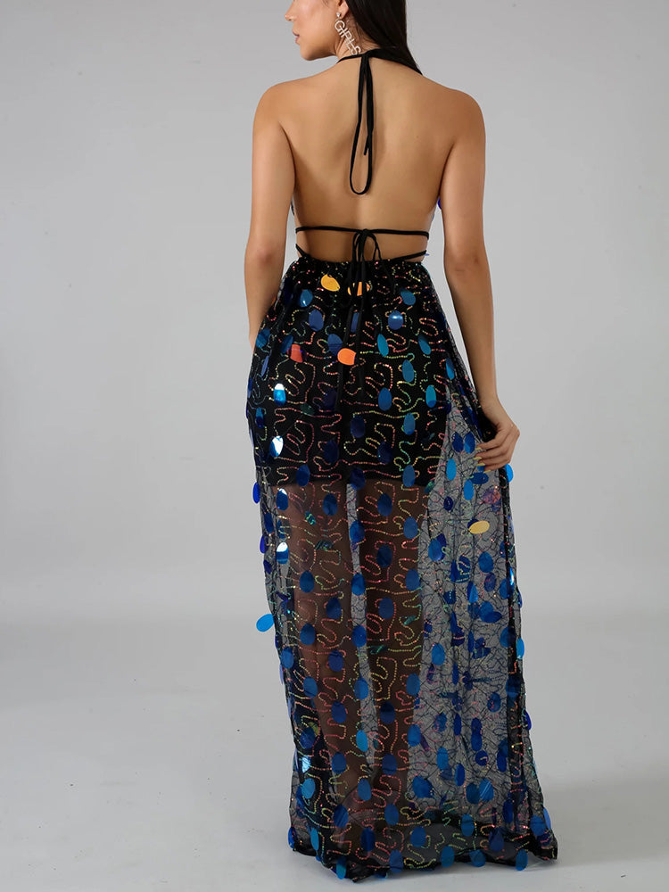 Back view of a woman wearing a black sequined maxi dress with an open back and halter straps.