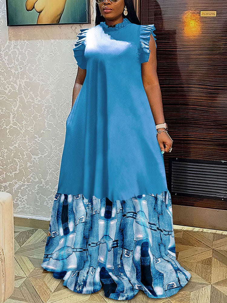 Printed Ruffled Neck Sleeveless Maxi Dress - View 6 | Lwiis
