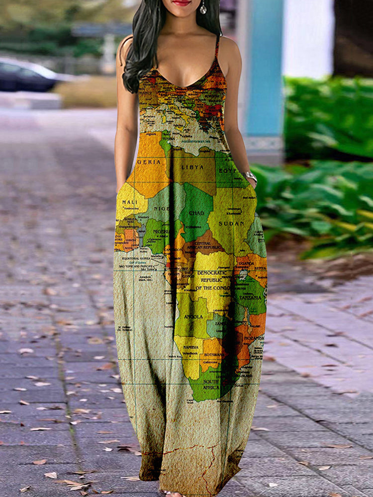 Woman wearing a sleeveless maxi dress with a map of Africa print