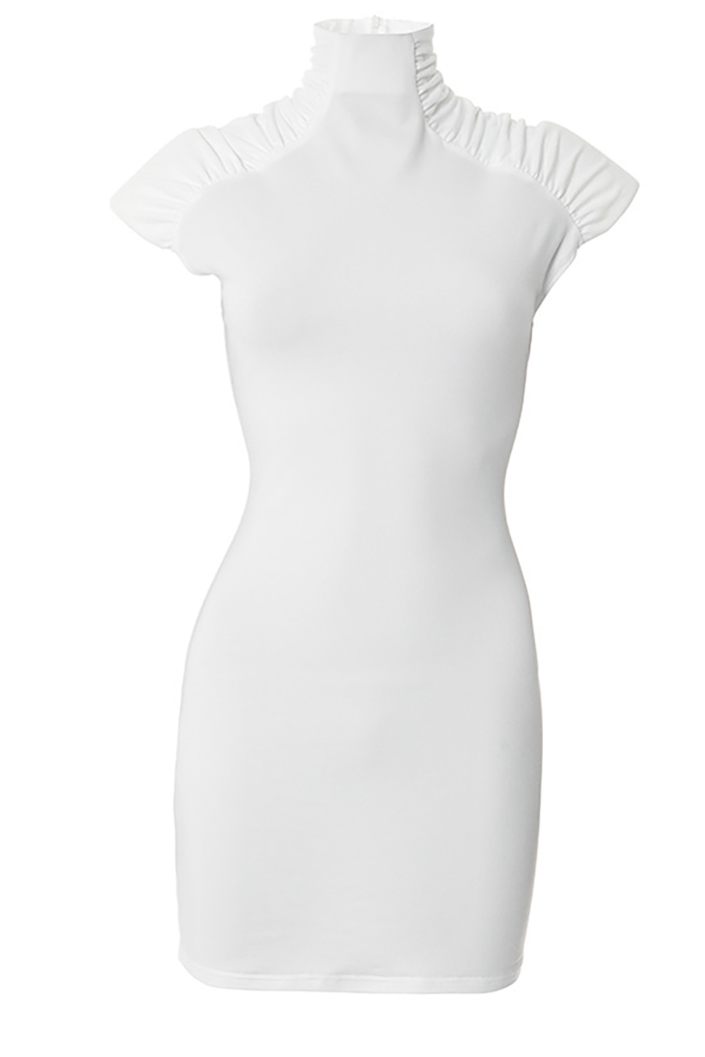 white form-fitting dress with a ruched turtleneck and cap sleeves on a mannequin