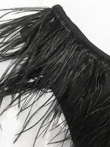 Close-up of black feather trim on a garment.