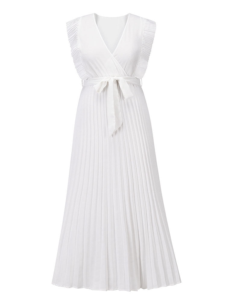 V-neck pleated maxi dress with ruffled trim and belted waist - View 29 | Lwiis