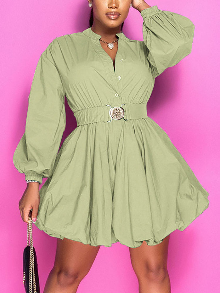 Puffy sleeve belted dress - View 10 | Lwiis