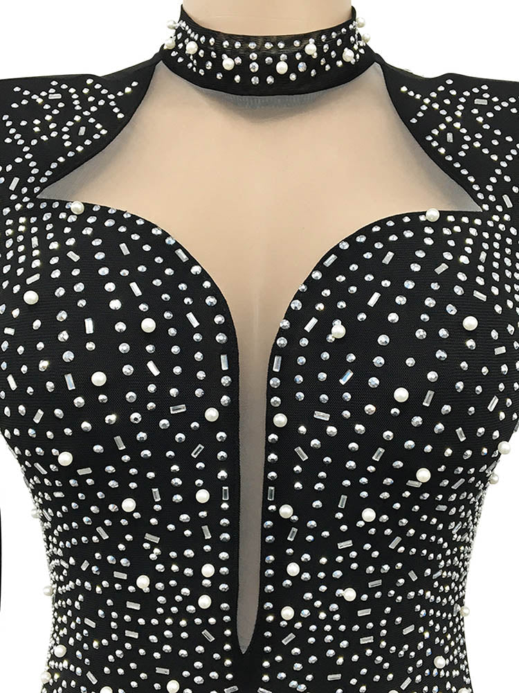 Sequin party dress with rhinestone embellishments and mesh sleeves - View 6 | Lwiis