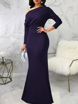 One shoulder long sleeve ruched maxi dress - View 7 | Lwiis