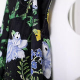 Close-up of the side zipper and fabric detail on a black floral print midi dress