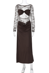Floral Lace Patchwork Long Sleeve Ruched Maxi Dress - View 7 | Lwiis