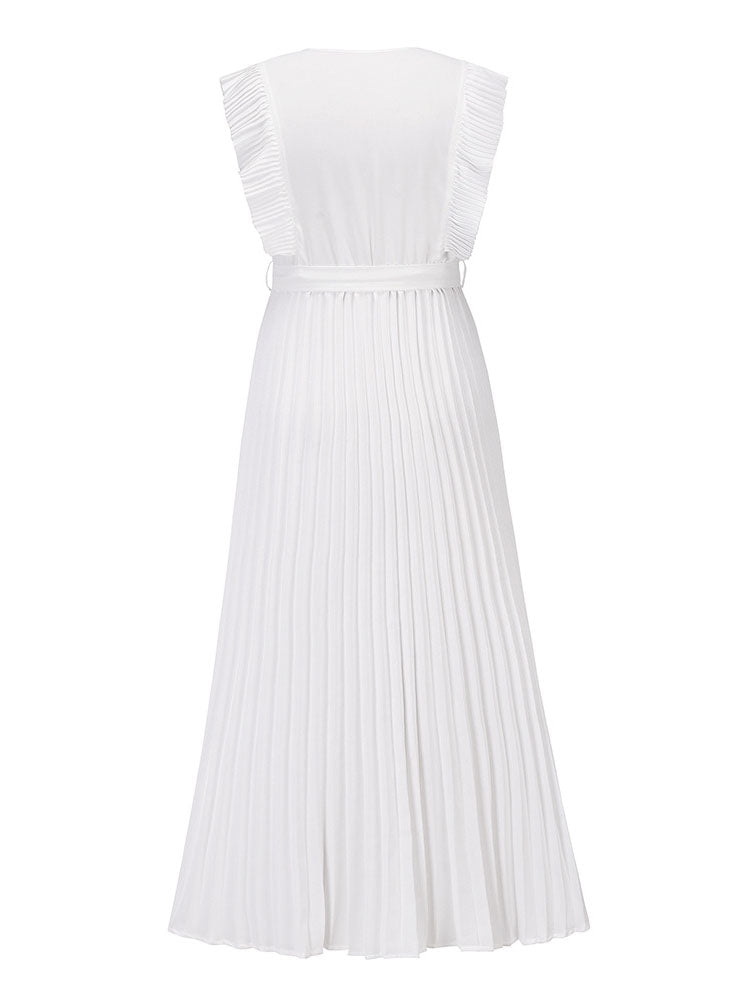 V-neck pleated maxi dress with ruffled trim and belted waist - View 30 | Lwiis