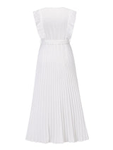 V-neck pleated maxi dress with ruffled trim and belted waist - View 30 | Lwiis