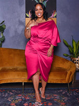 Satin one shoulder ruched midi dress - View 12 | Lwiis