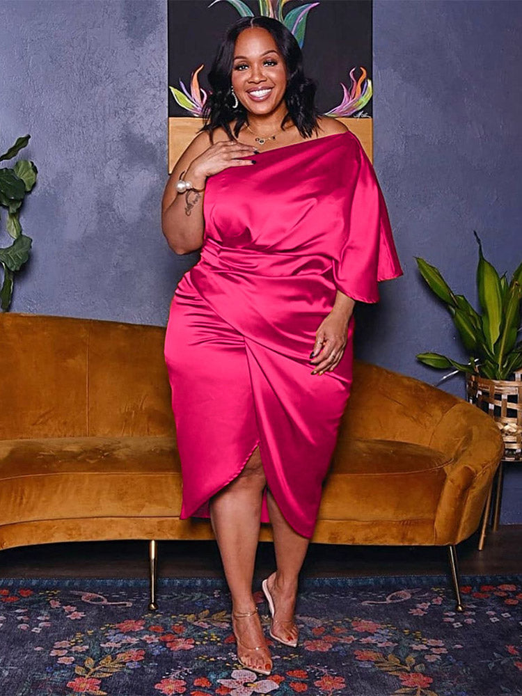 Satin one shoulder ruched midi dress - View 12 | Lwiis