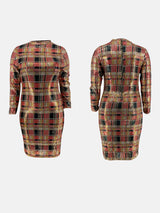 Front and back view of a sequined plaid pencil dress with long sleeves and a mock neck.