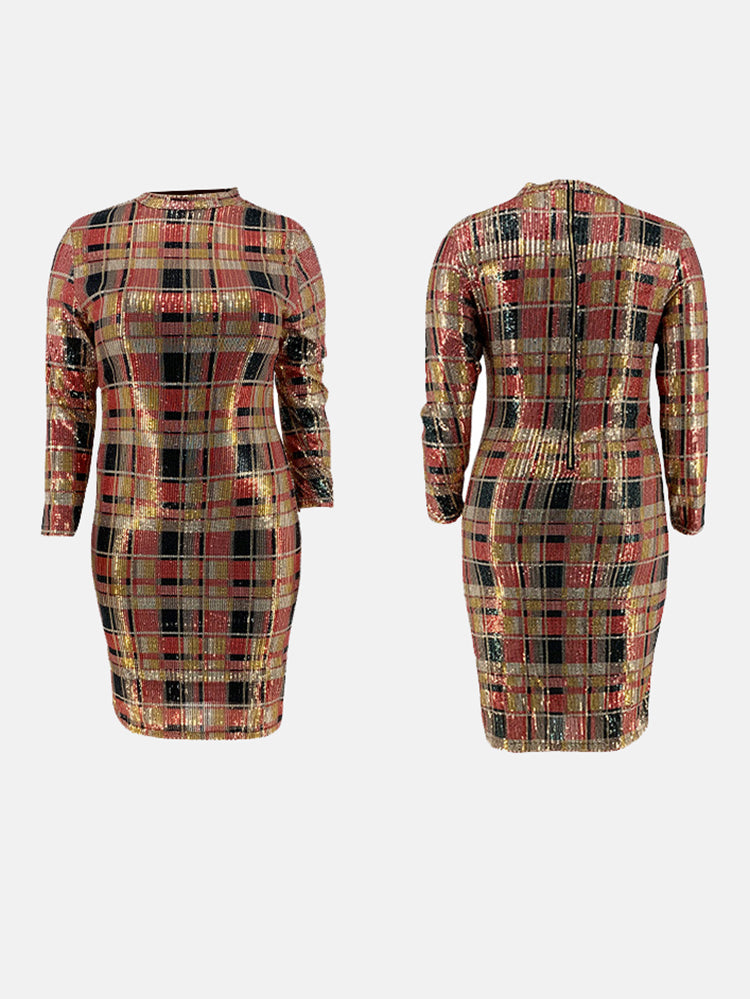 Front and back view of a sequined plaid pencil dress with long sleeves and a mock neck.