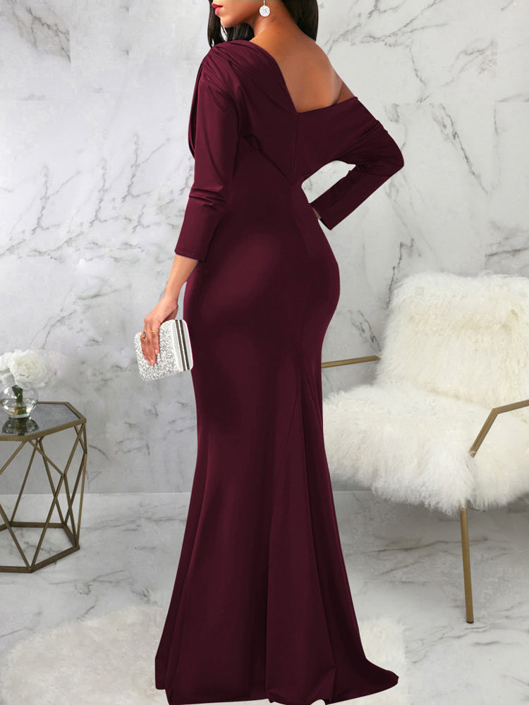 One shoulder long sleeve ruched maxi dress - View 6 | Lwiis