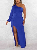 One Shoulder Maxi Dress with Slit - View 19 | Lwiis