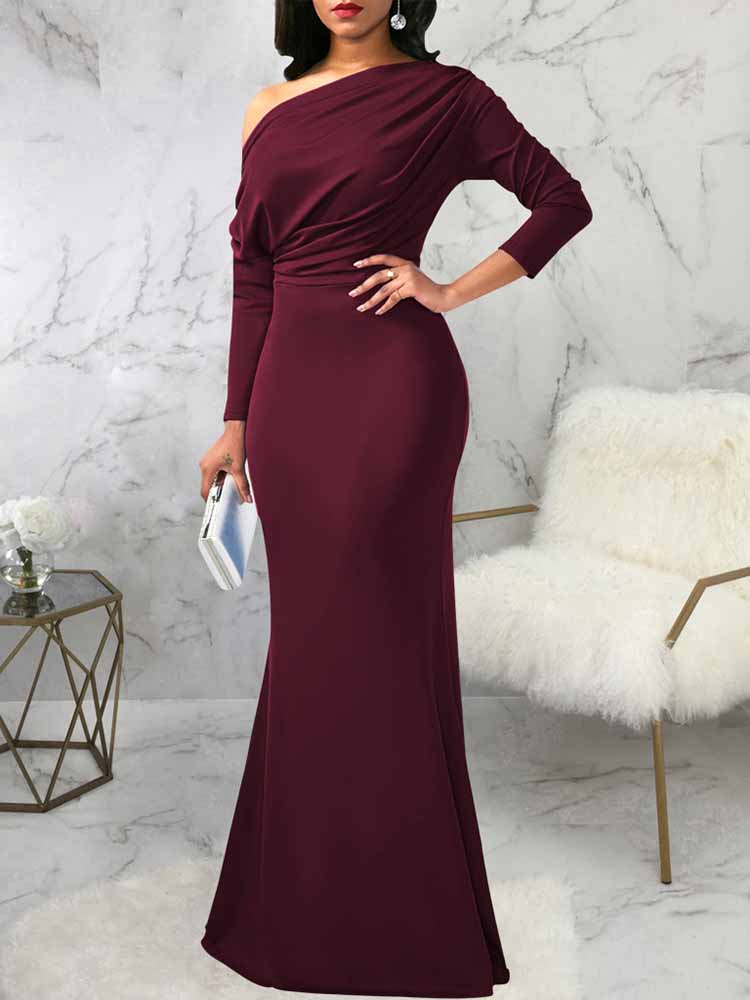 One shoulder elegant party dress with draped bodice and mermaid hem - View 8 | Lwiis