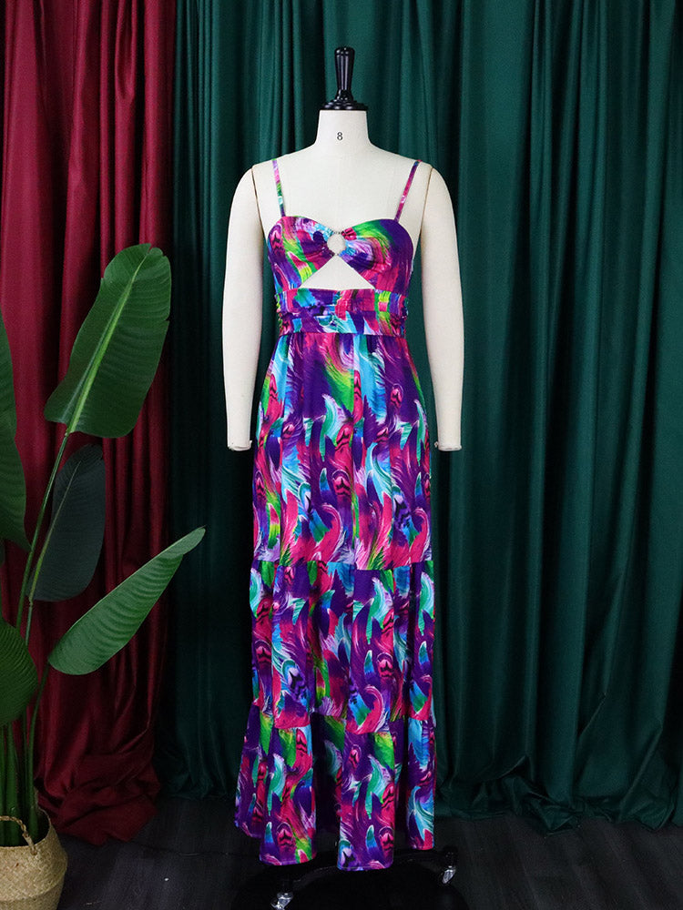 Abstract feather print maxi dress with cut-out detail and tiered ruffle skirt - View 6 | Lwiis