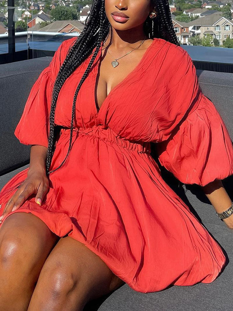 Solid Puff Sleeve Mini Dress - View 9 | Lwiis