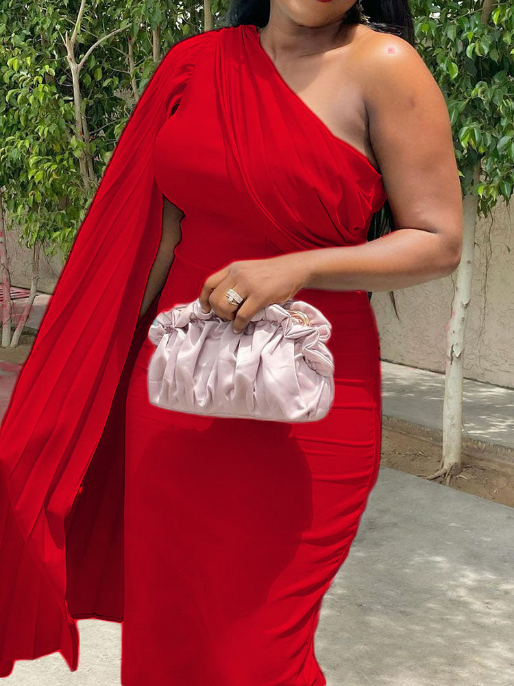 One shoulder pleated sleeve dress - View 13 | Lwiis