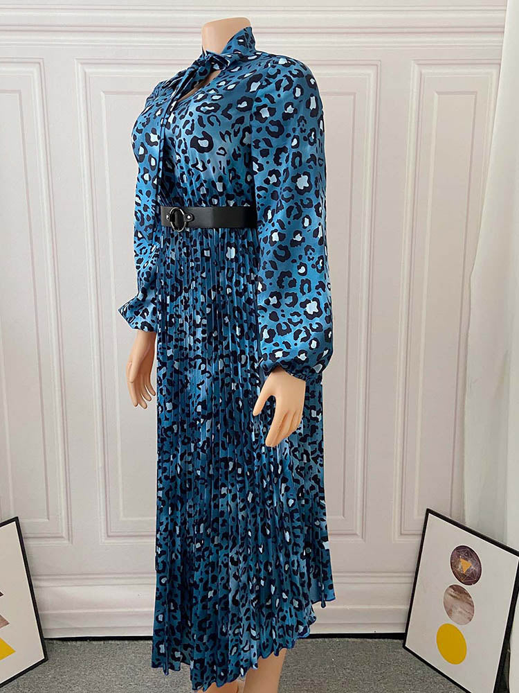 Leopard print midi dress with bow neck and long sleeves - View 6 | Lwiis