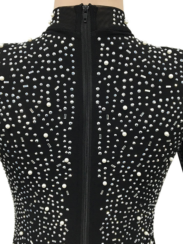 Sequin party dress with rhinestone embellishments and mesh sleeves - View 7 | Lwiis