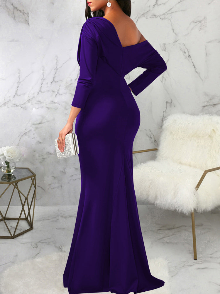 One shoulder long sleeve ruched maxi dress - View 10 | Lwiis