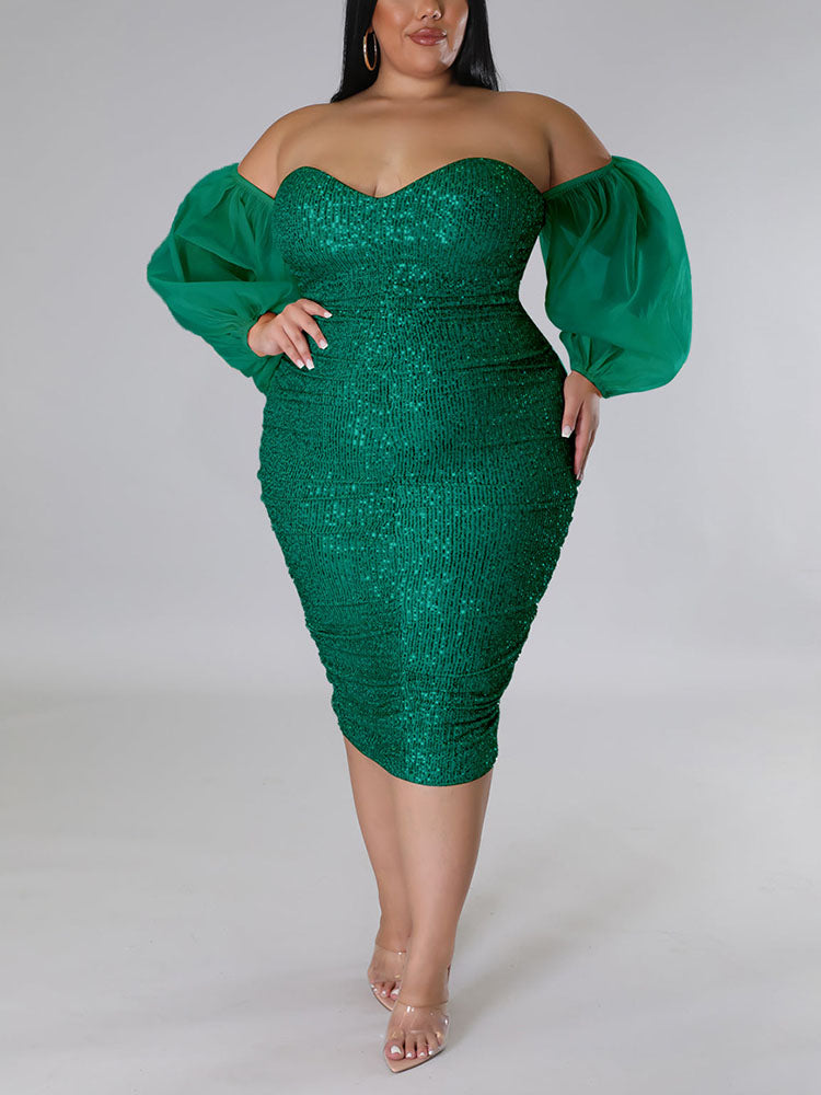 Sequin Midi Dress with Puff Sleeves - View 21 | Lwiis