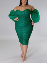 Sequin Midi Dress with Puff Sleeves - View 21 | Lwiis