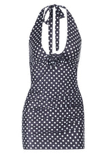 front view of polka dot halter swimsuit
