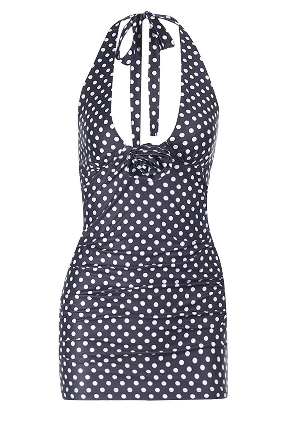 front view of polka dot halter swimsuit