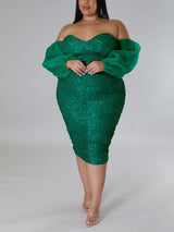 Sequin Midi Dress with Puff Sleeves - View 22 | Lwiis