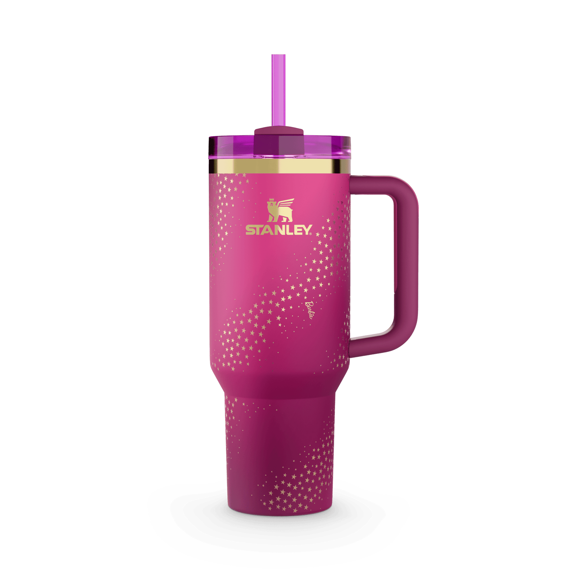 Pink Stanley tumbler with gold stars and a purple straw, featuring the Barbie logo.