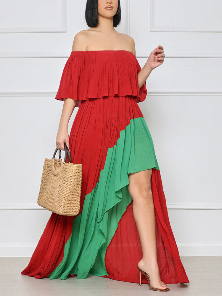 Woman wearing a red and green colorblock maxi dress with an off-the-shoulder neckline.