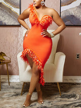 One-shoulder feather trim midi dress - View 7 | Lwiis