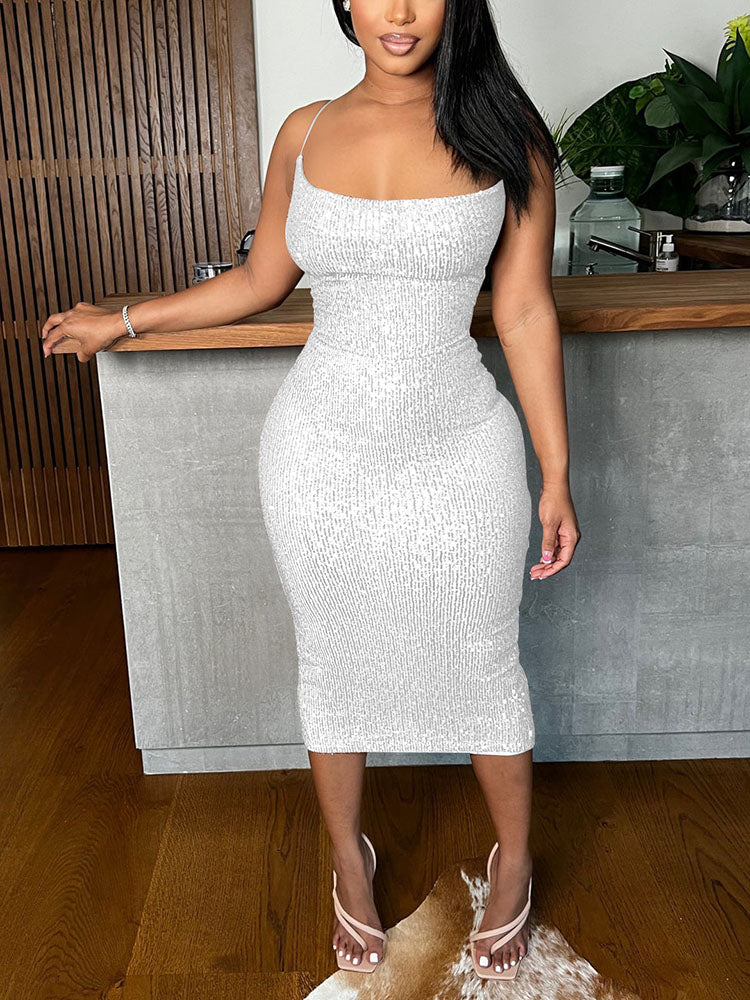 Sequined midi dress with spaghetti straps and lace-up back - View 11 | Lwiis