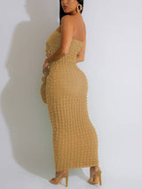 Strapless fitted midi dress with textured fabric and ruched detail - View 13 | Lwiis