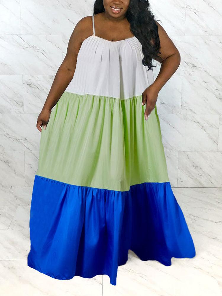 Color block casual A-line maxi dress with spaghetti straps - View 8 | Lwiis