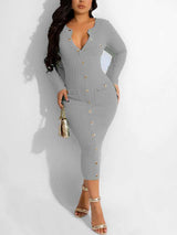 Ribbed knit midi dress with button front - View 12 | Lwiis